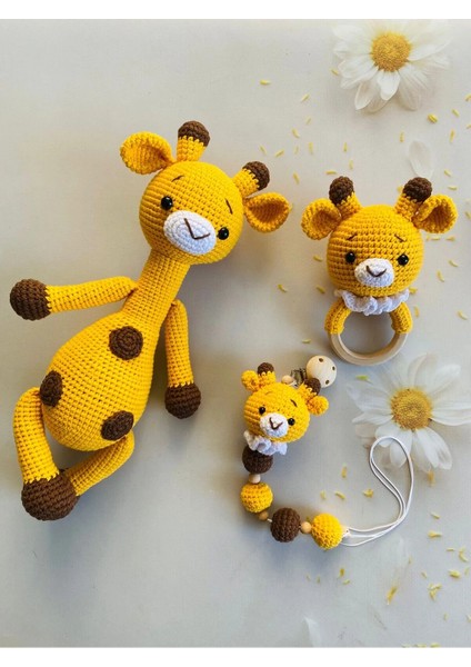 Adenya Sepeti Sarı Zürafa Üçlü SET–30CM Oyun&uyku Arkadaşı+Diş Kaşıyıcılı Çıngırak+Emzik Zinciri